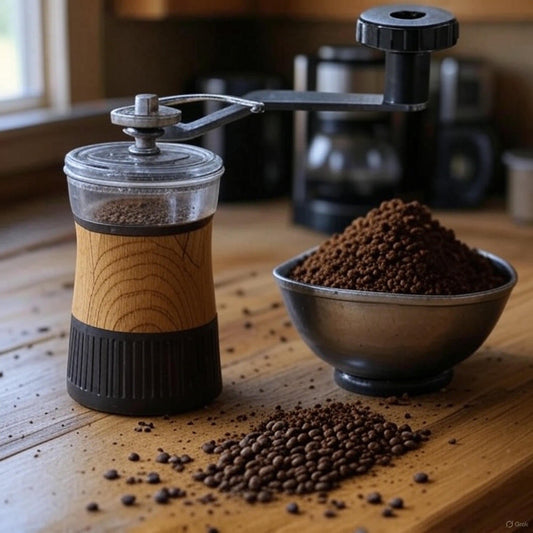 Molinillo de café perfecto con muelas cónicas junto a granos de café de especialidad colombiano y diferentes métodos de preparación