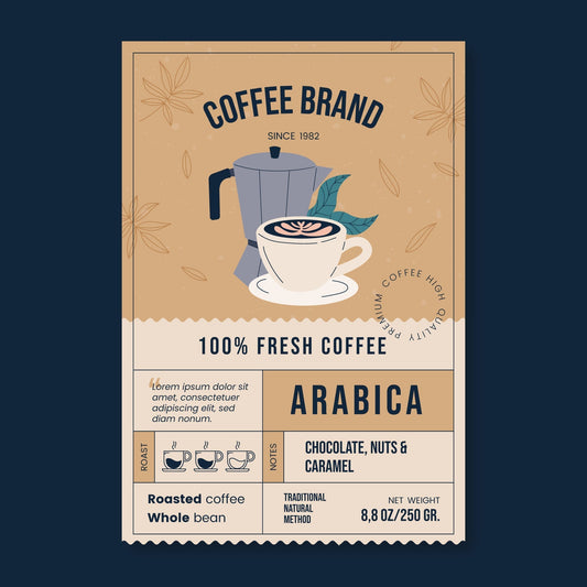 Etiqueta de café de especialidad con información de variedad, proceso y tueste.