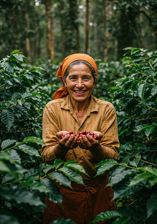 Mujer cafetera seleccionando granos en finca sostenible.