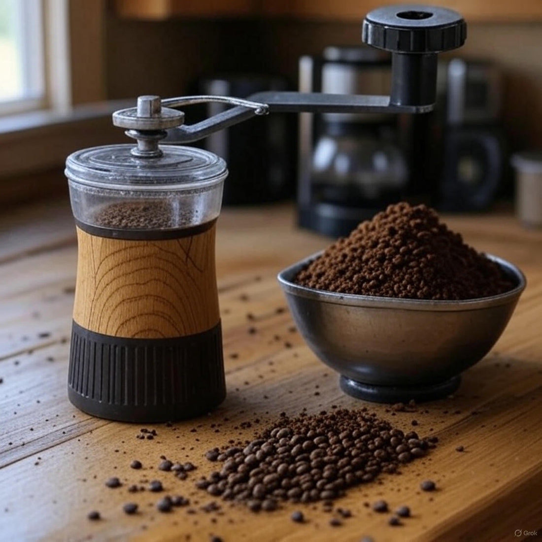 Molinillo de café perfecto con muelas cónicas junto a granos de café de especialidad colombiano y diferentes métodos de preparación​​​​​​​​​​​​​​​​