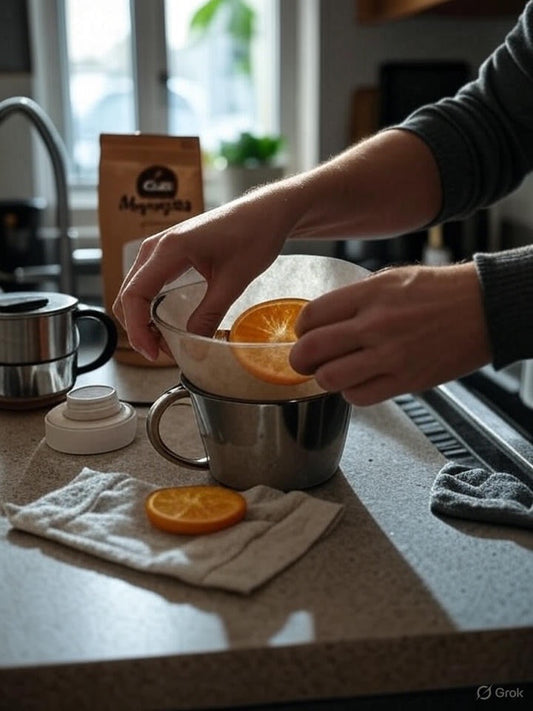 Manos preparando café en casa con colador de tela, rodaja de naranja y paquete de Café Magnagaea
