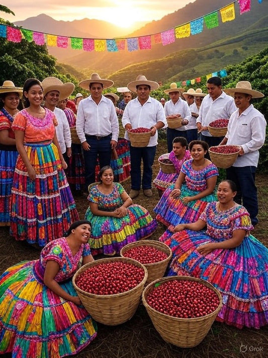 Festival del café en Colombia con comunidades celebrando la tradición cafetera.