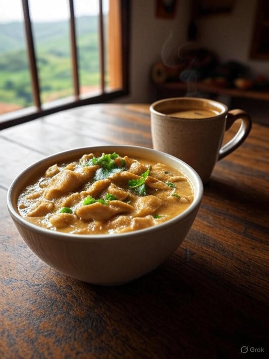Tazón de sancocho de gallina acompañado de una taza de café de especialidad Magnagaea en el Valle del Cauca.