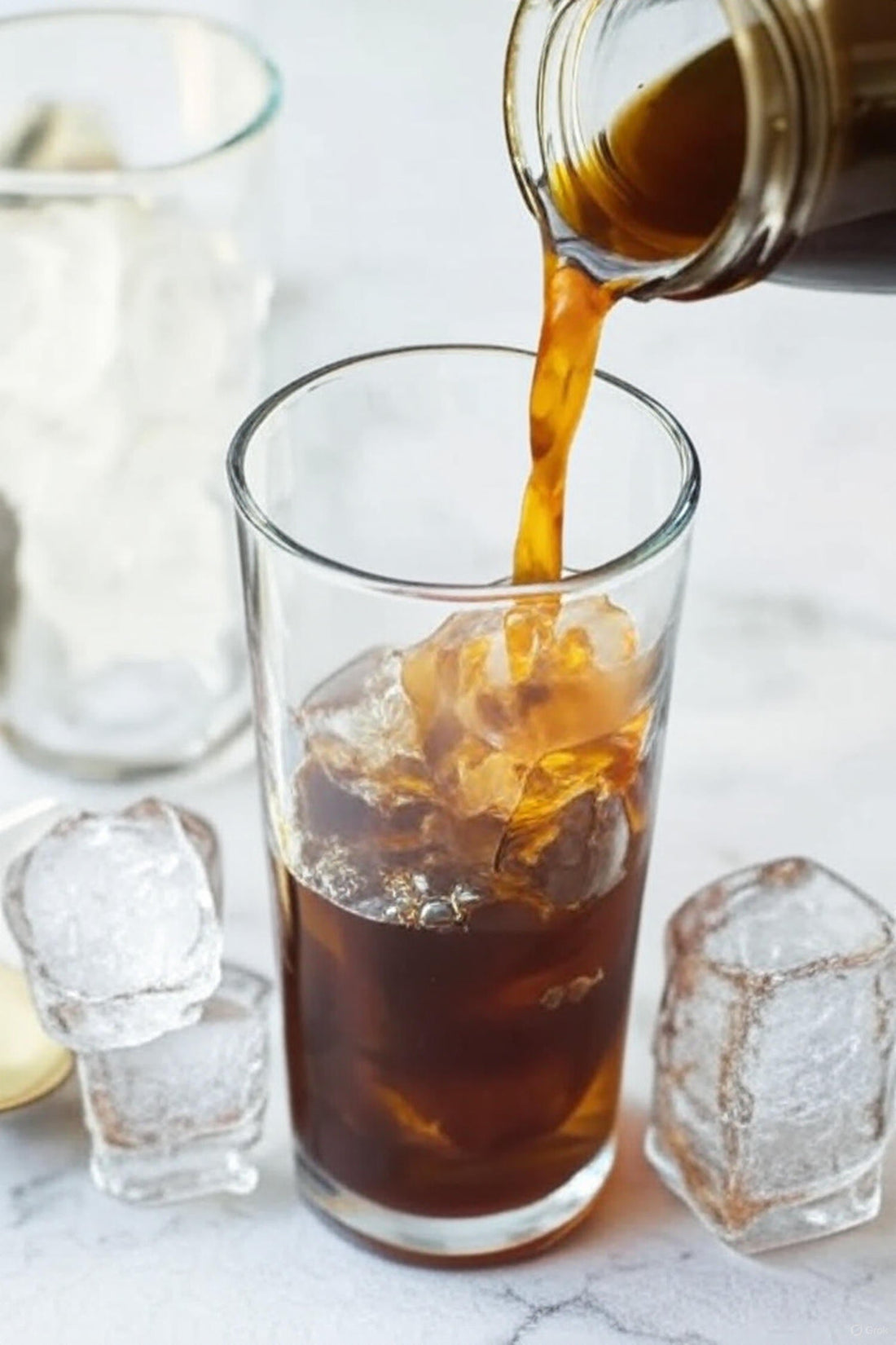 Vaso de cold brew con hielo servido junto a granos de café colombiano en mesa de madera