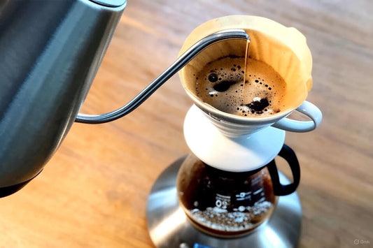 Preparación de café filtrado en V60 con vertido circular en una mesa de madera