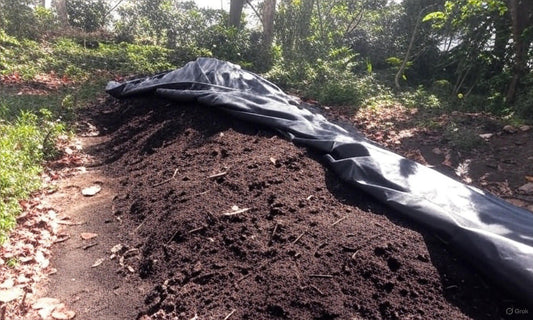 Productor de Magnagaea volteando compost de pulpa de café junto a cafetos en un sistema agroforestal.
